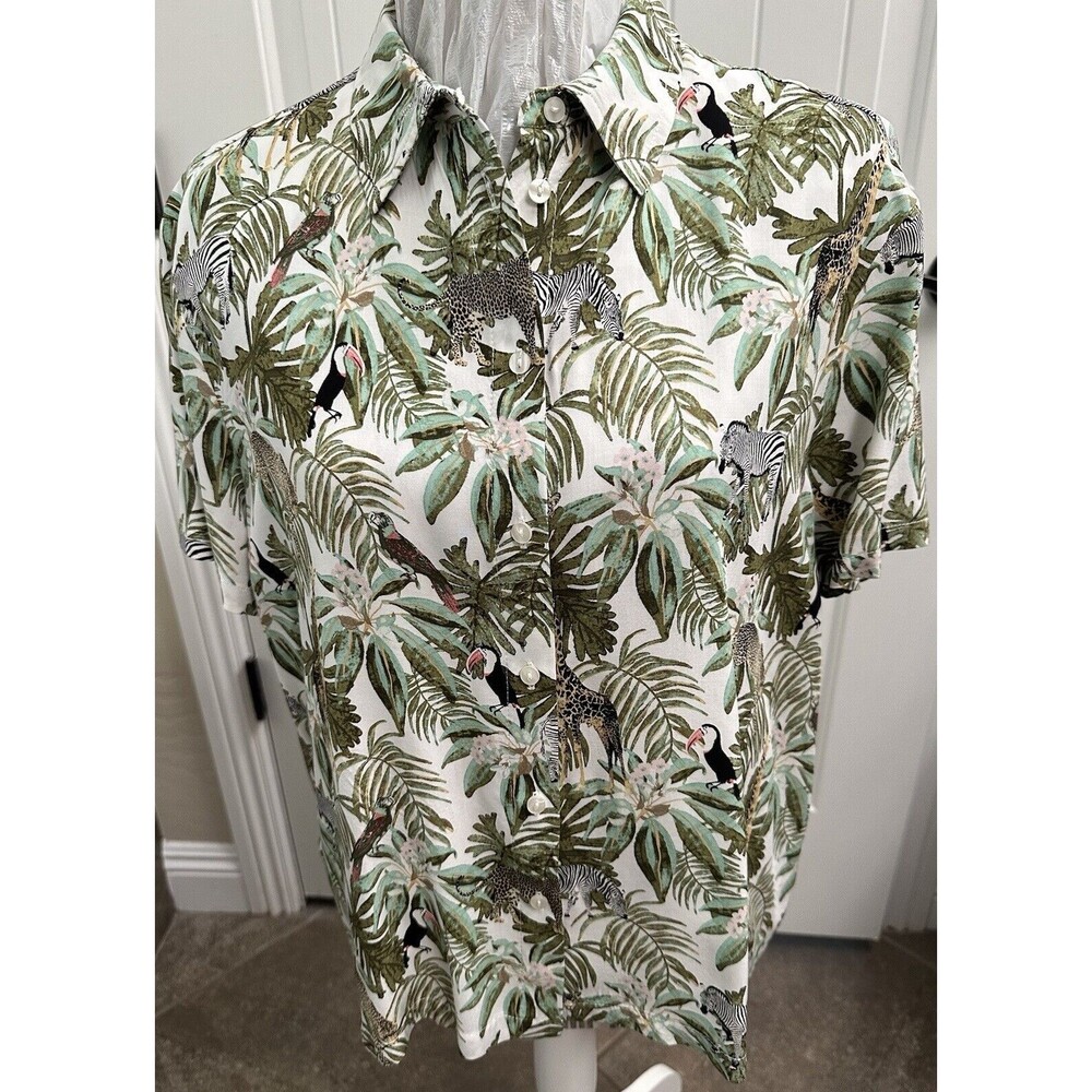 Tropical Animal SS Button Down Collared Rayon Women's Shirt (Size L)